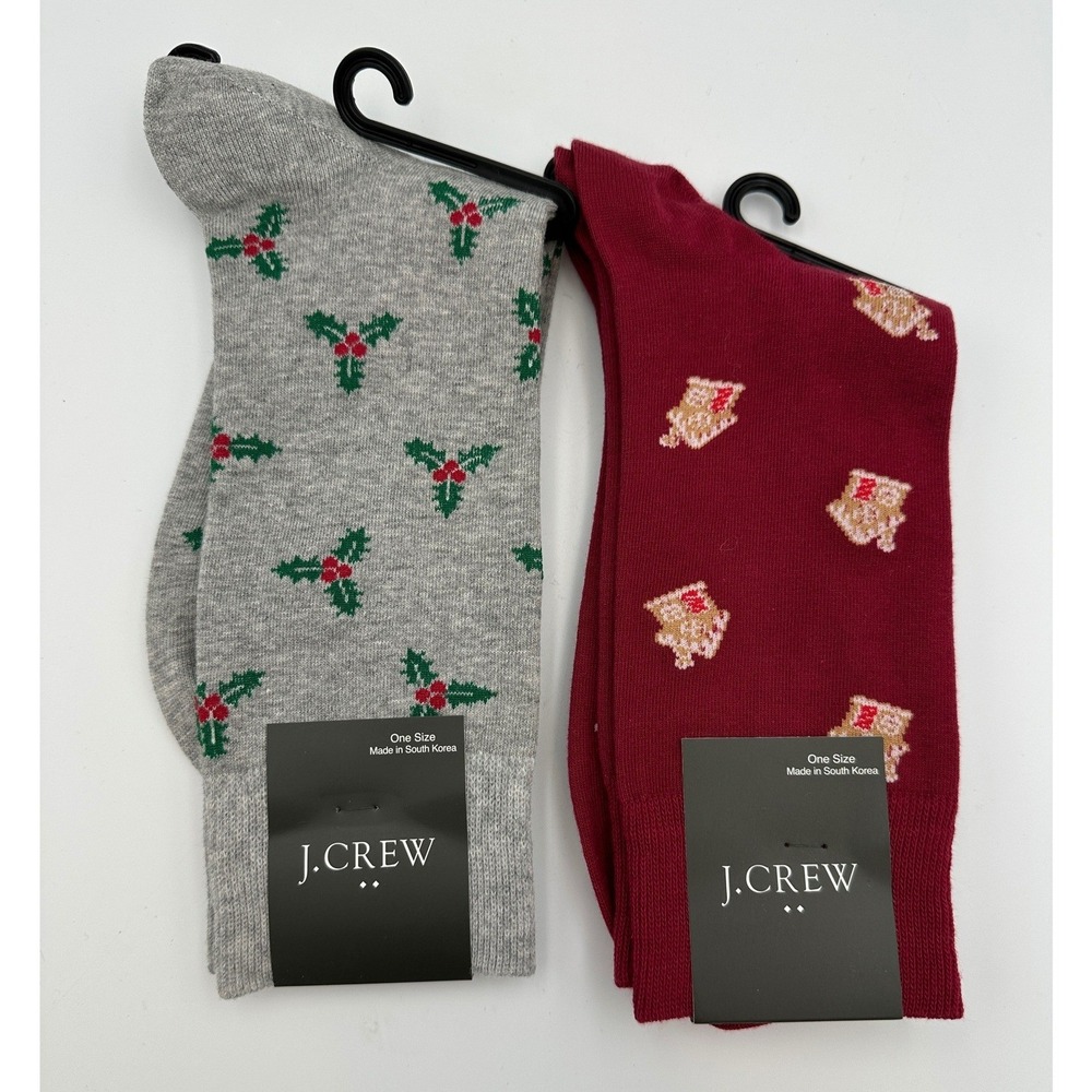 J.Crew Christmas Holiday Dress Socks 2-Pack NWT Holly Gingerbread House Gray Red